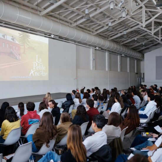Auditorium moderno con pavimento in gres porcellanato grigio chiaro, superficie opaca e texture uniforme.
